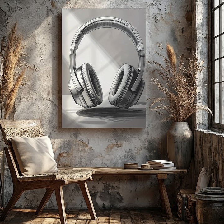 Sketch Sound Canvas – Minimalist Grayscale Headphone Illustration - Gifitto