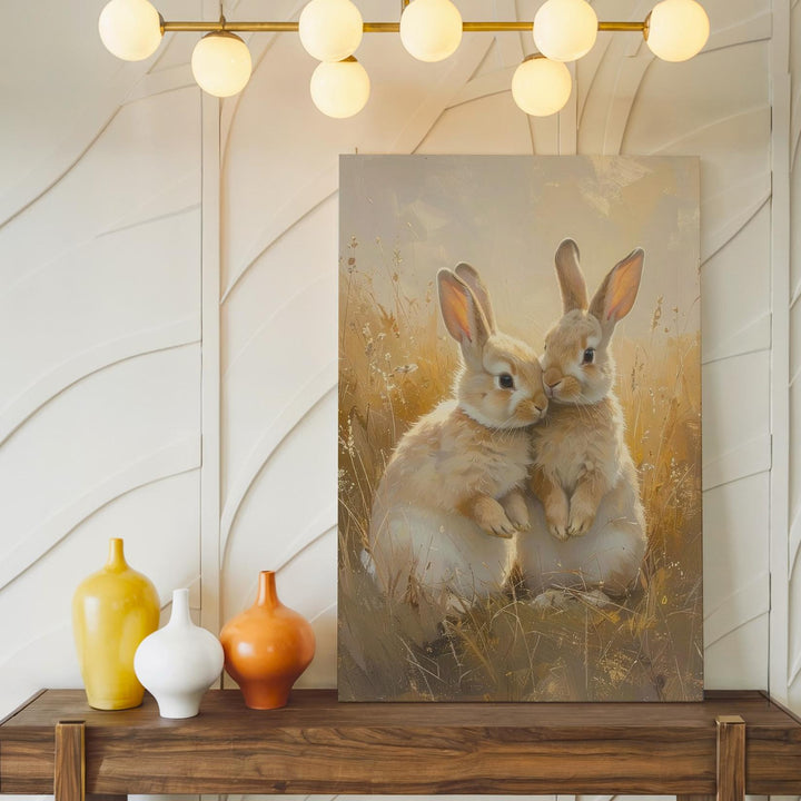 Tender Rabbit Embrace Canvas – Serene Love in a Meadow - Gifitto