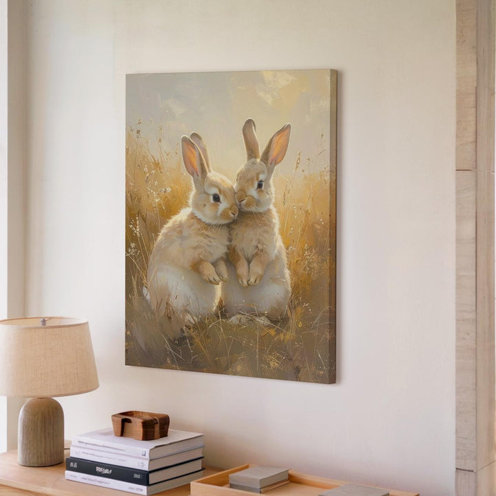 Tender Rabbit Embrace Canvas – Serene Love in a Meadow - Gifitto