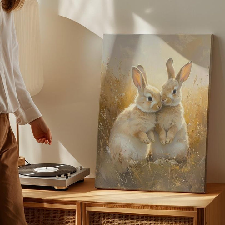 Tender Rabbit Embrace Canvas – Serene Love in a Meadow - Gifitto