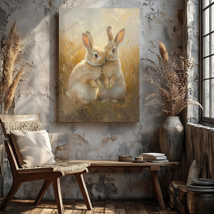 Tender Rabbit Embrace Canvas – Serene Love in a Meadow - Gifitto
