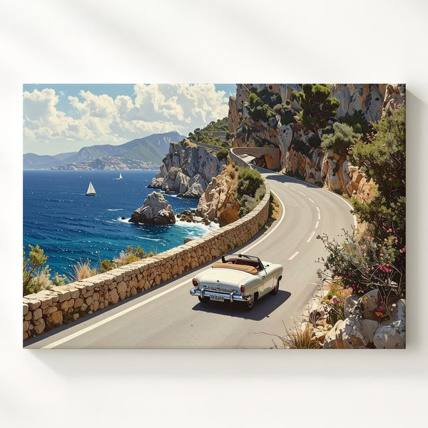 Coastal Elegance Canvas – White Vintage Convertible on Cliffside Road - Gifitto
