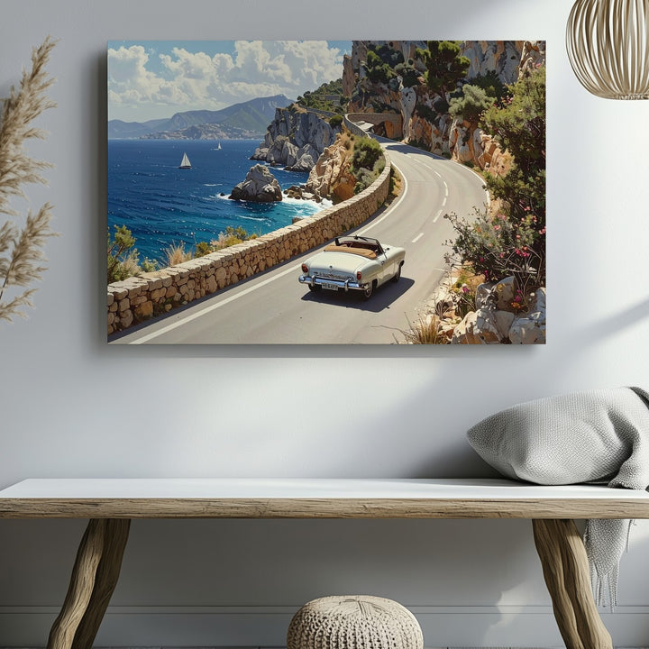 Coastal Elegance Canvas – White Vintage Convertible on Cliffside Road - Gifitto