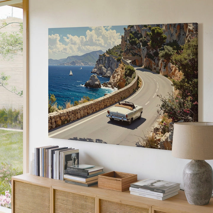 Coastal Elegance Canvas – White Vintage Convertible on Cliffside Road - Gifitto