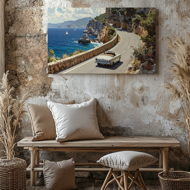 Coastal Elegance Canvas – White Vintage Convertible on Cliffside Road - Gifitto