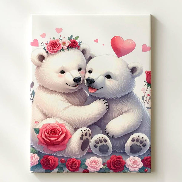 Polar Bear Cubs Love Canvas – Cuddling Cubs with Floral Crown and Pink Hearts - Gifitto