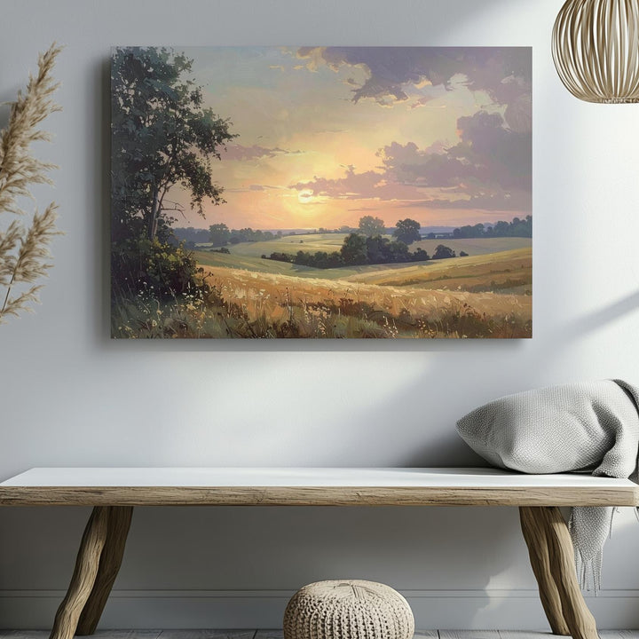 Sunset Serenity Countryside Canvas – Golden Hour Rural Landscape Painting - Gifitto