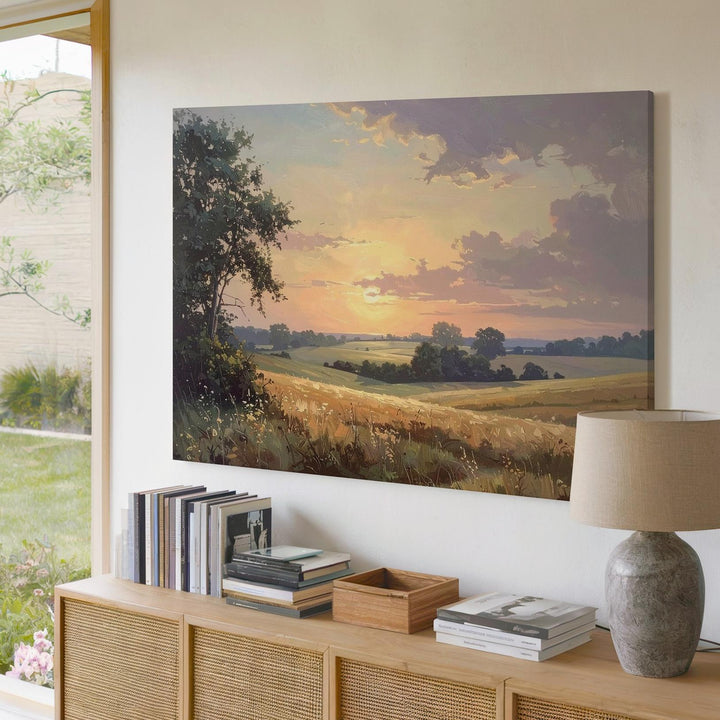 Sunset Serenity Countryside Canvas – Golden Hour Rural Landscape Painting - Gifitto
