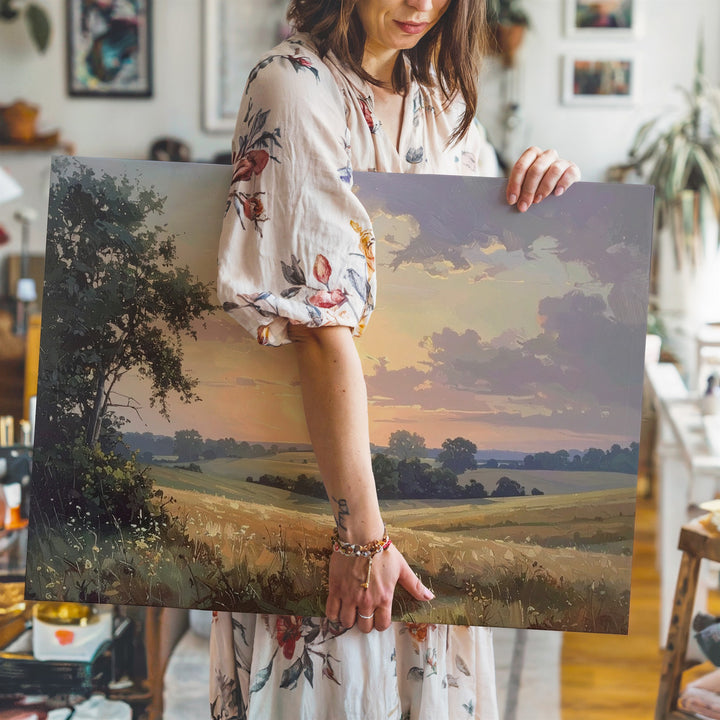 Sunset Serenity Countryside Canvas – Golden Hour Rural Landscape Painting - Gifitto