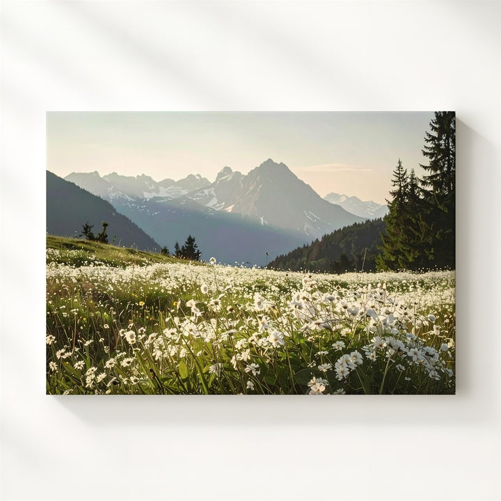 Alpine Wildflower Sky Canvas – Vertical Field & Mountain Tranquility Print - Gifitto