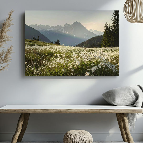 Alpine Wildflower Sky Canvas – Vertical Field & Mountain Tranquility Print - Gifitto