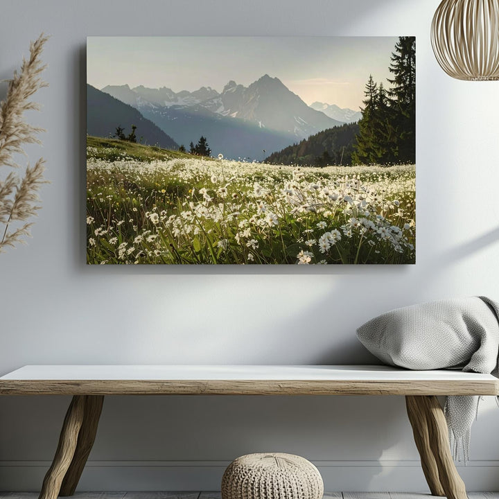 Alpine Wildflower Sky Canvas – Vertical Field & Mountain Tranquility Print - Gifitto