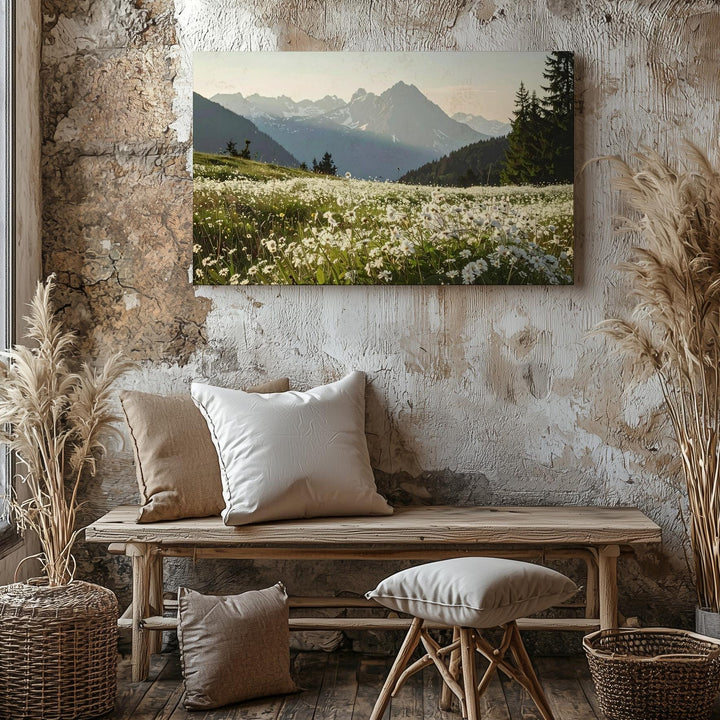 Alpine Wildflower Sky Canvas – Vertical Field & Mountain Tranquility Print - Gifitto