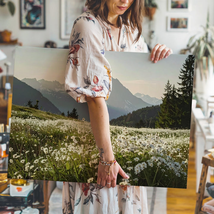 Alpine Wildflower Sky Canvas – Vertical Field & Mountain Tranquility Print - Gifitto