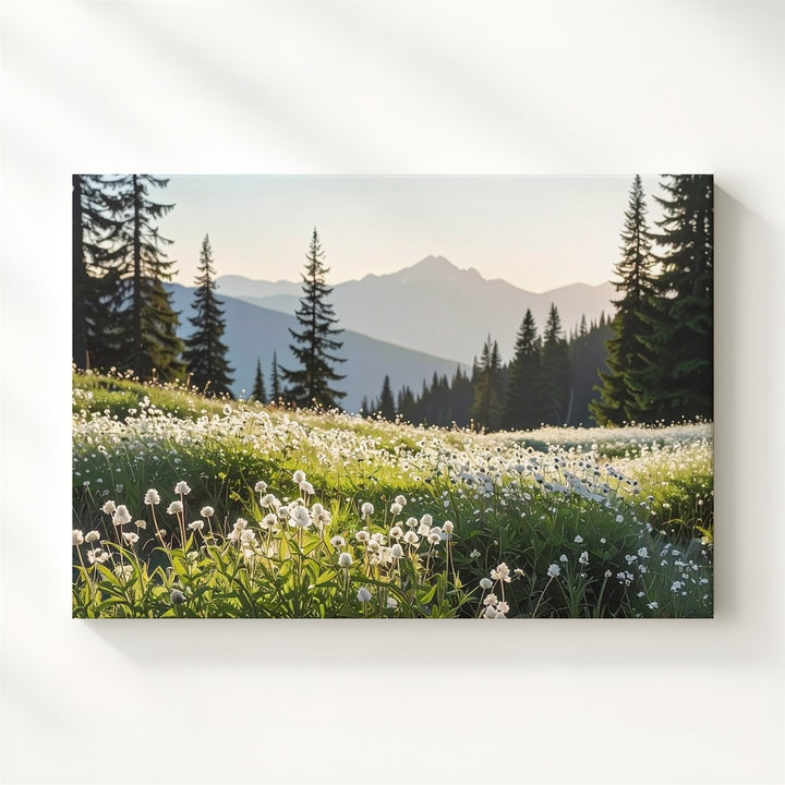 Wildflower Evening Glow Canvas – Vertical Alpine Meadow & Forest Landscape - Gifitto