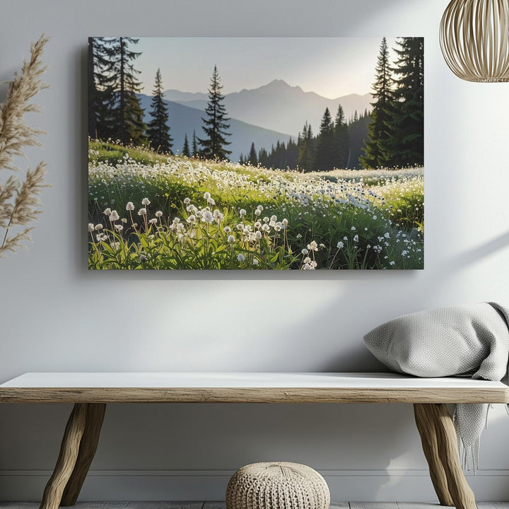 Wildflower Evening Glow Canvas – Vertical Alpine Meadow & Forest Landscape - Gifitto