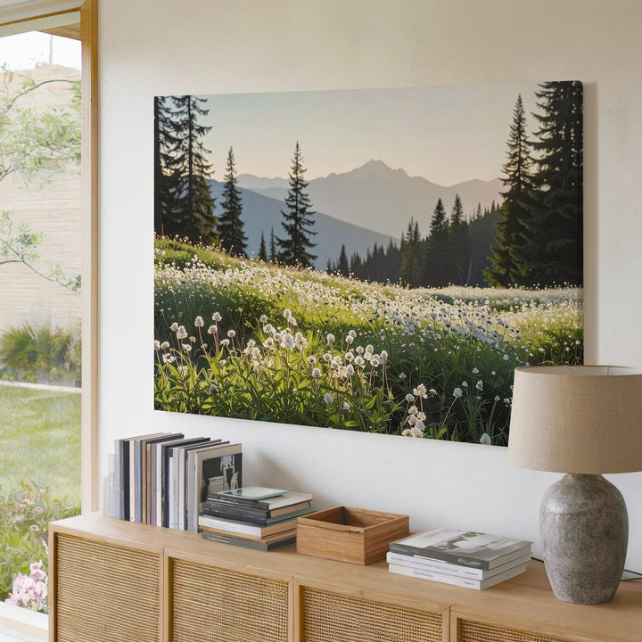 Wildflower Evening Glow Canvas – Vertical Alpine Meadow & Forest Landscape - Gifitto