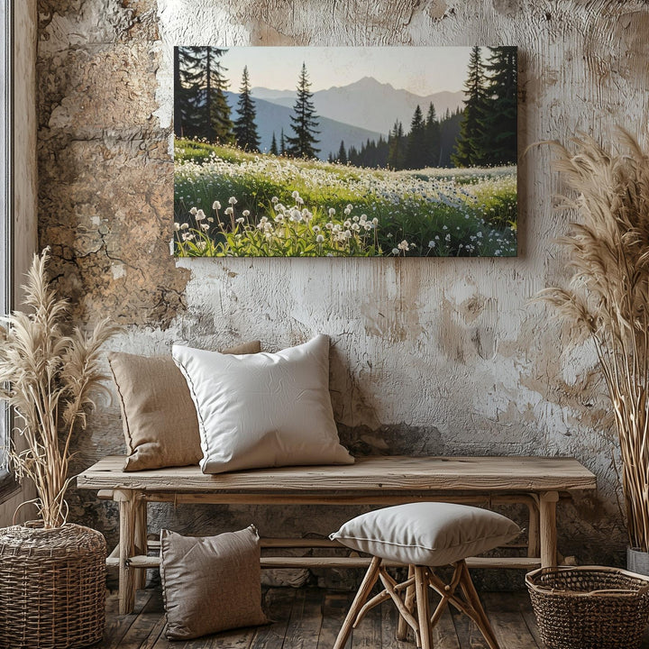 Wildflower Evening Glow Canvas – Vertical Alpine Meadow & Forest Landscape - Gifitto