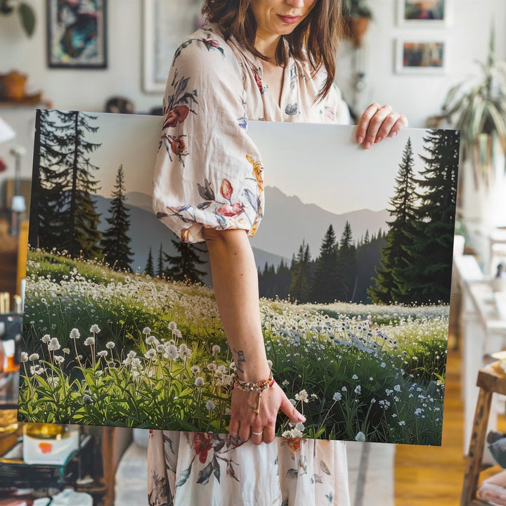 Wildflower Evening Glow Canvas – Vertical Alpine Meadow & Forest Landscape - Gifitto