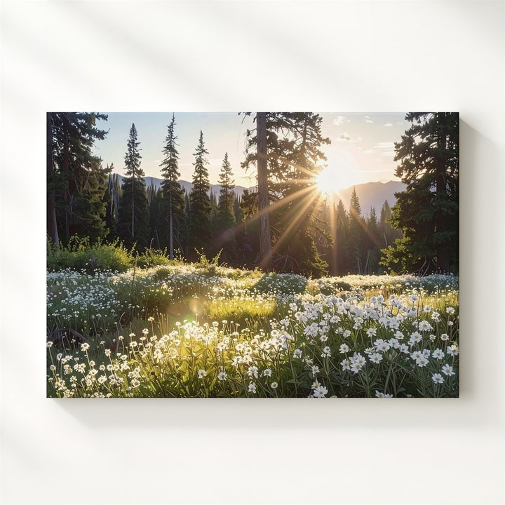 Golden Hour Meadow Canvas – Sunlit Forest with Wildflowers & Evergreen Glow - Gifitto