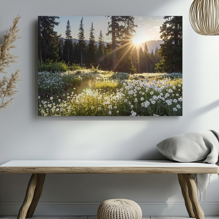 Golden Hour Meadow Canvas – Sunlit Forest with Wildflowers & Evergreen Glow - Gifitto