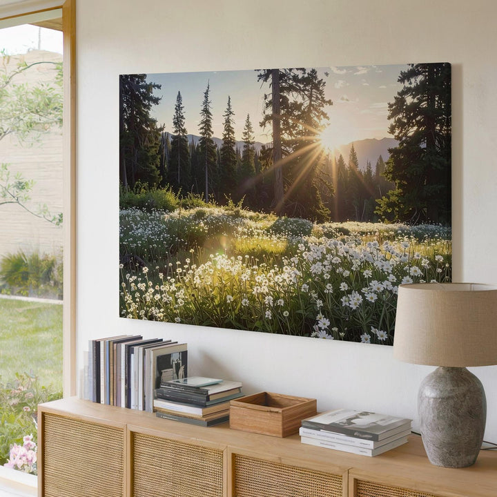 Golden Hour Meadow Canvas – Sunlit Forest with Wildflowers & Evergreen Glow - Gifitto