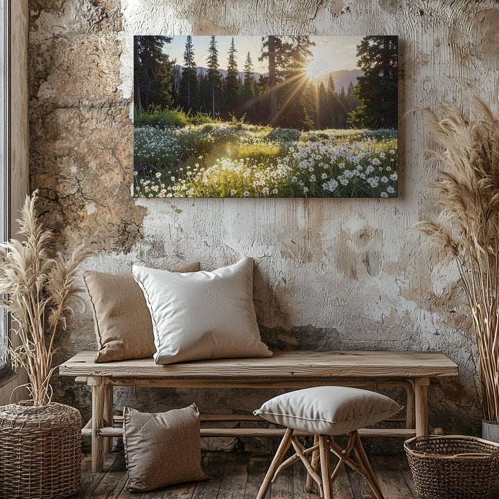 Golden Hour Meadow Canvas – Sunlit Forest with Wildflowers & Evergreen Glow - Gifitto