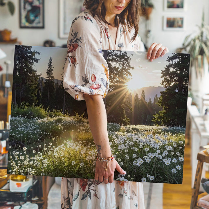 Golden Hour Meadow Canvas – Sunlit Forest with Wildflowers & Evergreen Glow - Gifitto