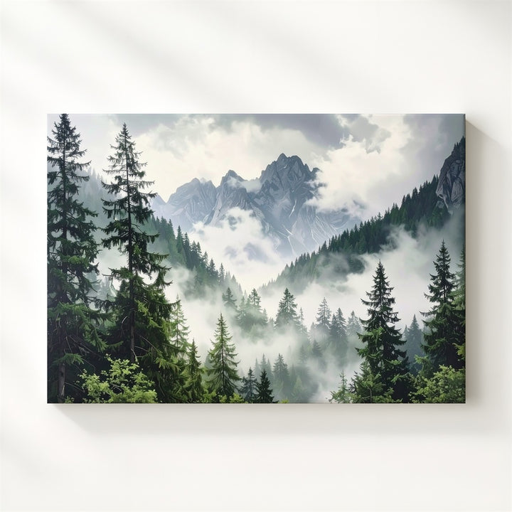 Mystic Forest Peaks Canvas – Foggy Evergreen Mountain Landscape Wall Art - Gifitto