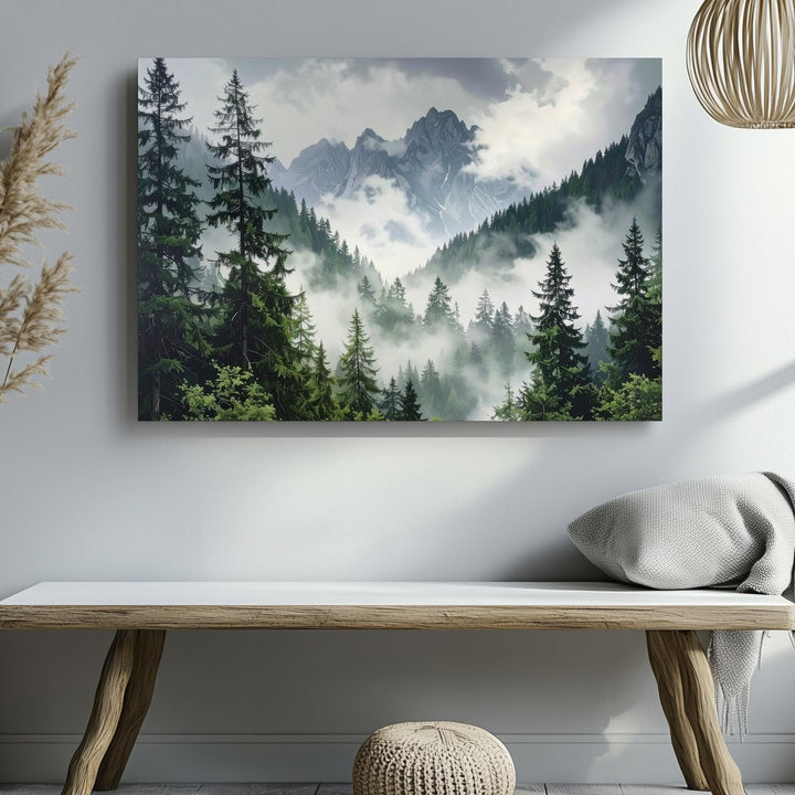 Mystic Forest Peaks Canvas – Foggy Evergreen Mountain Landscape Wall Art - Gifitto
