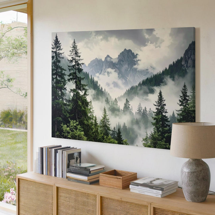 Mystic Forest Peaks Canvas – Foggy Evergreen Mountain Landscape Wall Art - Gifitto