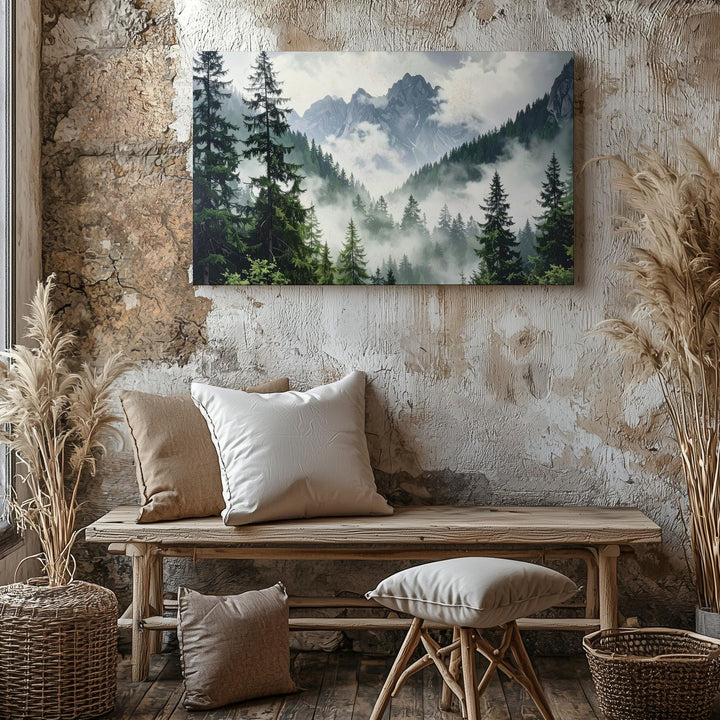 Mystic Forest Peaks Canvas – Foggy Evergreen Mountain Landscape Wall Art - Gifitto