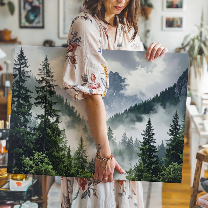 Mystic Forest Peaks Canvas – Foggy Evergreen Mountain Landscape Wall Art - Gifitto