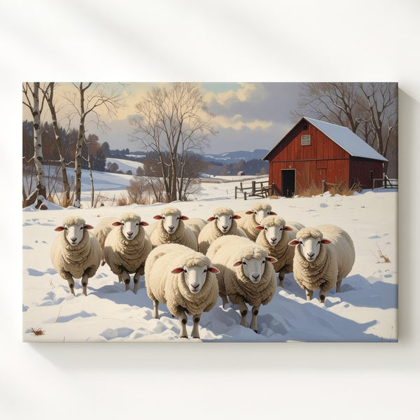 Winter Sheep & Red Barn Canvas – Rustic Snowy Farm Scene Wall Art - Gifitto