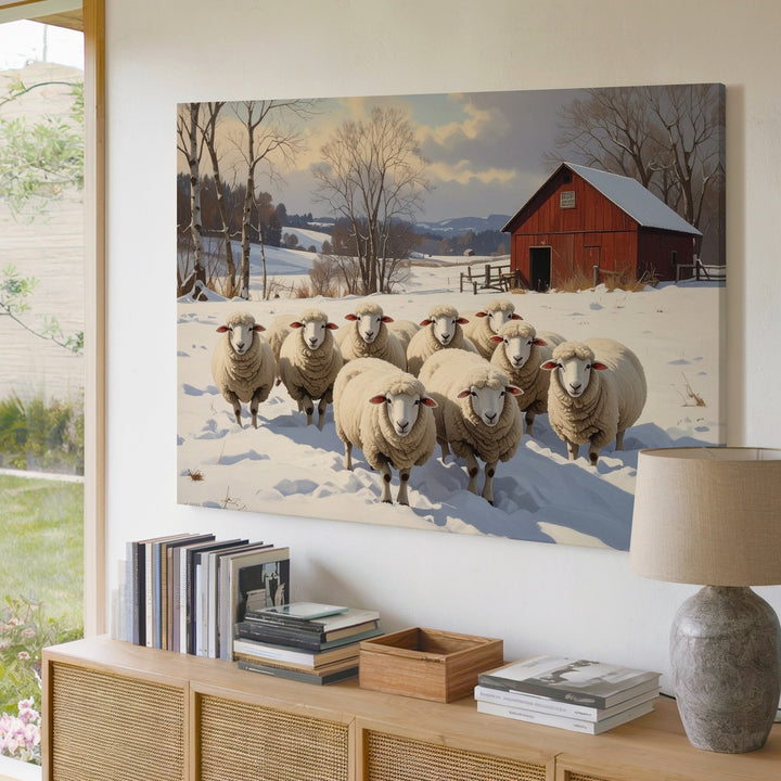 Winter Sheep & Red Barn Canvas – Rustic Snowy Farm Scene Wall Art - Gifitto