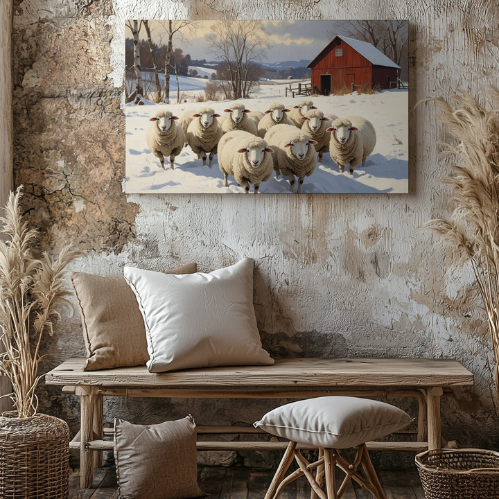 Winter Sheep & Red Barn Canvas – Rustic Snowy Farm Scene Wall Art - Gifitto