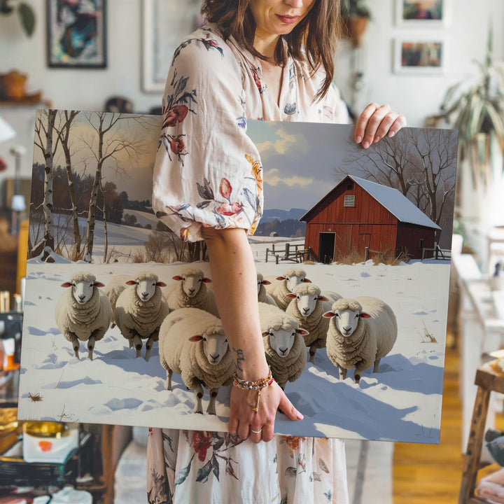 Winter Sheep & Red Barn Canvas – Rustic Snowy Farm Scene Wall Art - Gifitto