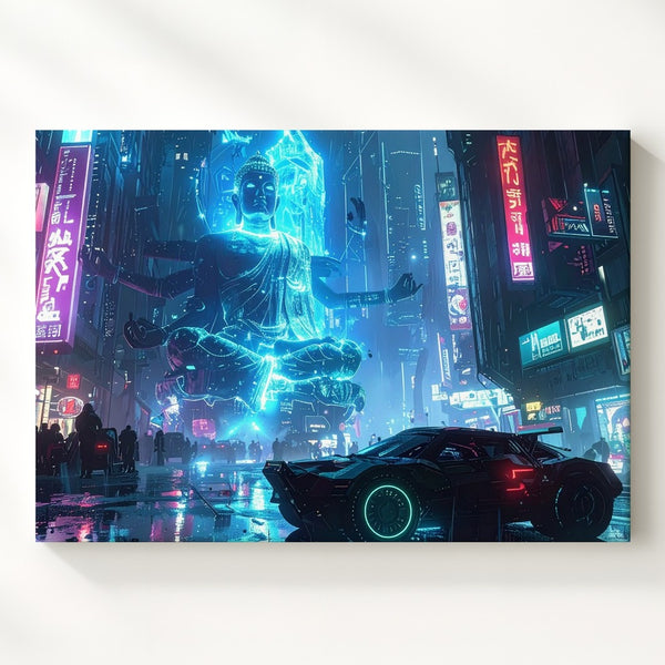Neon Ascension Canvas – Cyberpunk Car & Floating Monk in Futuristic City - Gifitto