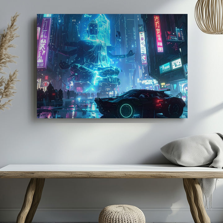 Neon Ascension Canvas – Cyberpunk Car & Floating Monk in Futuristic City - Gifitto