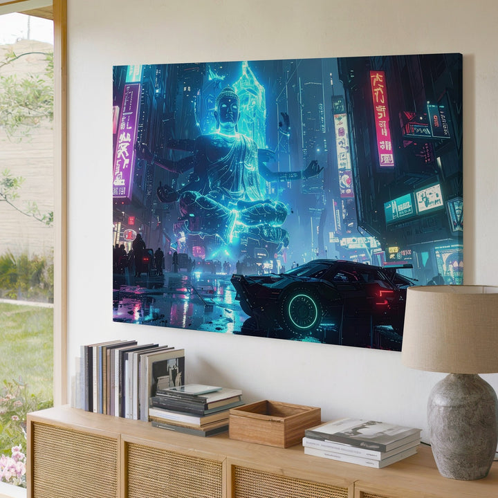 Neon Ascension Canvas – Cyberpunk Car & Floating Monk in Futuristic City - Gifitto