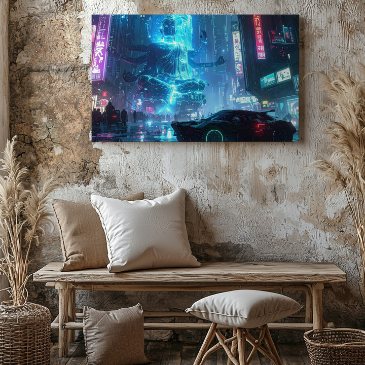 Neon Ascension Canvas – Cyberpunk Car & Floating Monk in Futuristic City - Gifitto