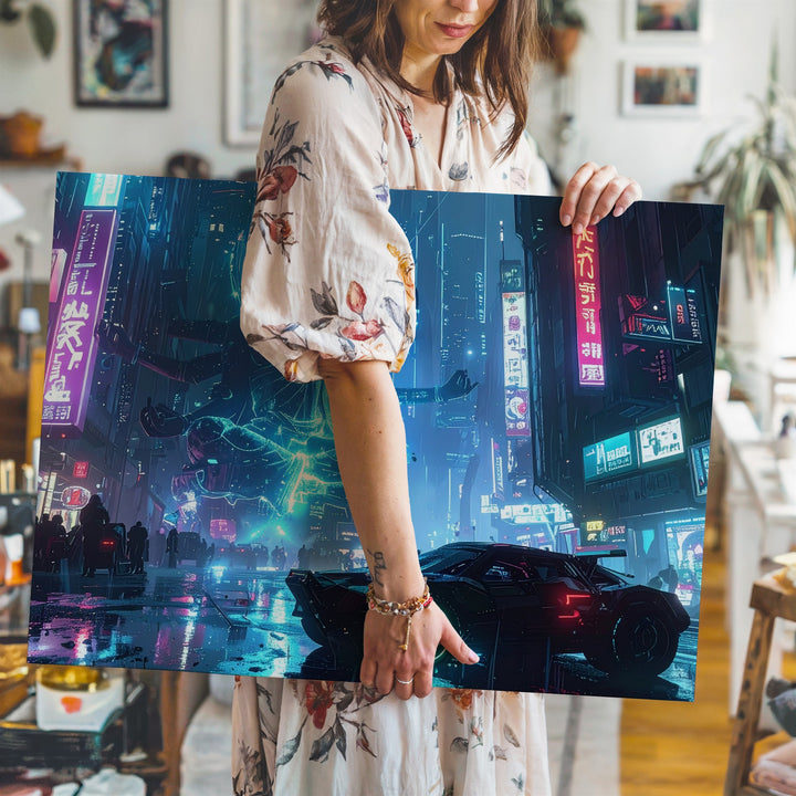 Neon Ascension Canvas – Cyberpunk Car & Floating Monk in Futuristic City - Gifitto
