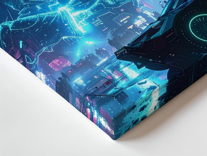 Neon Ascension Canvas – Cyberpunk Car & Floating Monk in Futuristic City - Gifitto