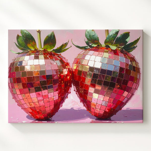 Disco Strawberry Canvas – Surreal Pop Art Fruit with Reflective Mosaic Style - Gifitto