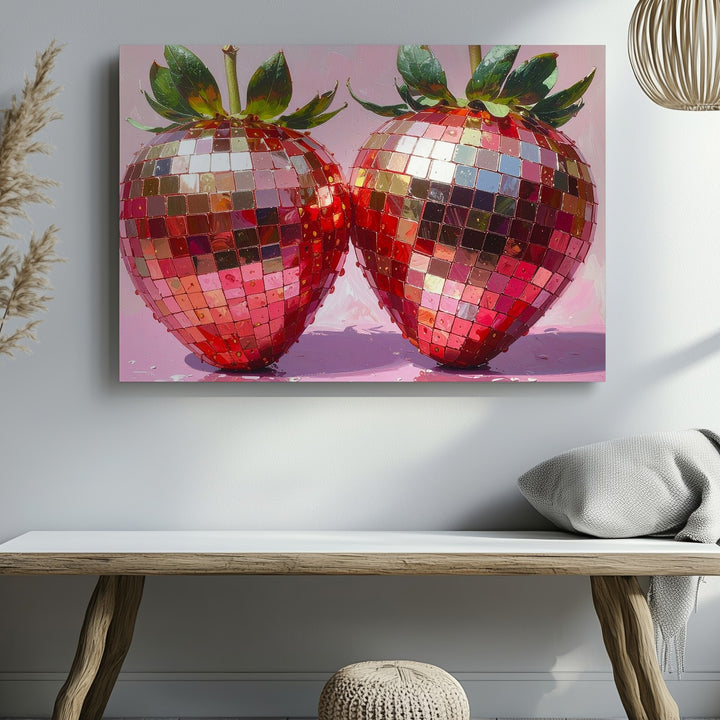 Disco Strawberry Canvas – Surreal Pop Art Fruit with Reflective Mosaic Style - Gifitto