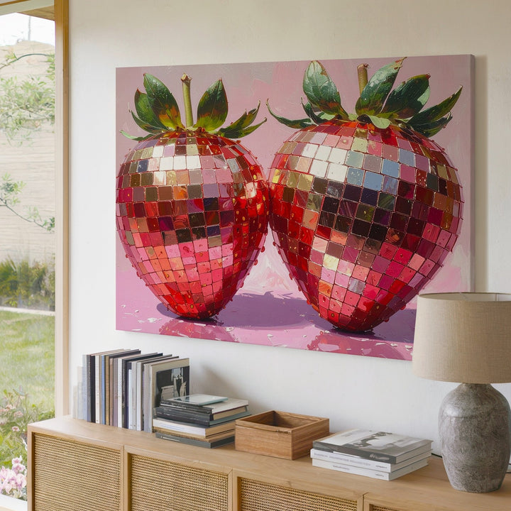 Disco Strawberry Canvas – Surreal Pop Art Fruit with Reflective Mosaic Style - Gifitto