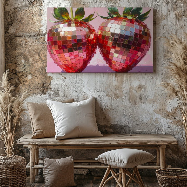 Disco Strawberry Canvas – Surreal Pop Art Fruit with Reflective Mosaic Style - Gifitto