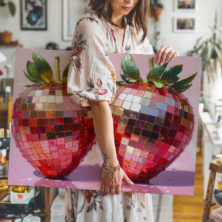 Disco Strawberry Canvas – Surreal Pop Art Fruit with Reflective Mosaic Style - Gifitto