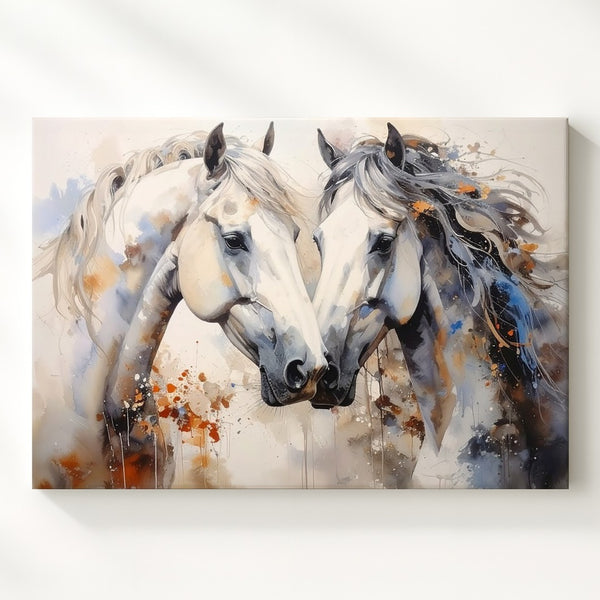 Tender Companionship Canvas – Watercolor White Horses Nuzzling Art - Gifitto