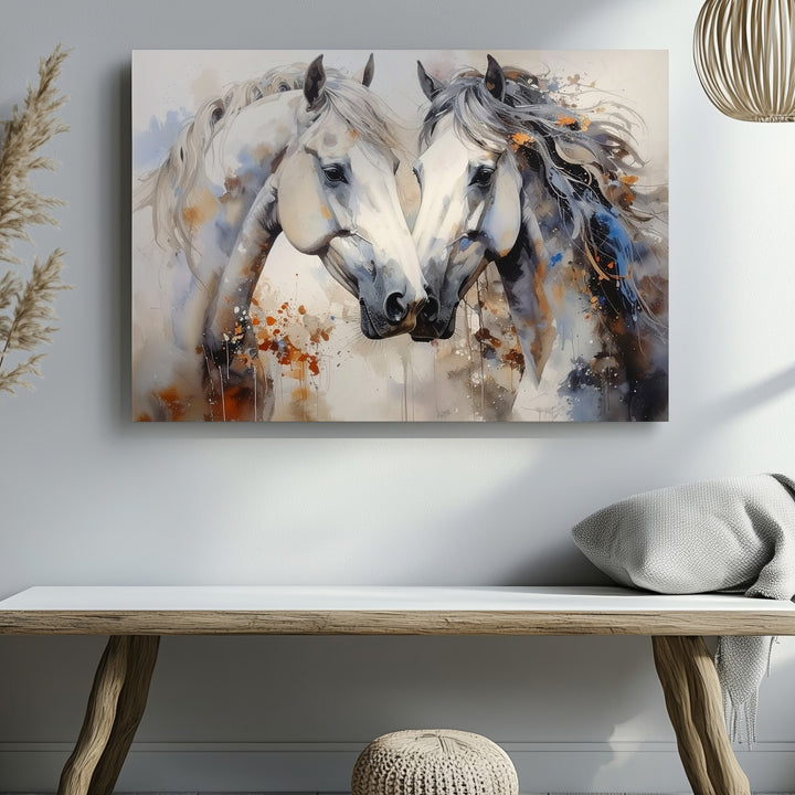 Tender Companionship Canvas – Watercolor White Horses Nuzzling Art - Gifitto